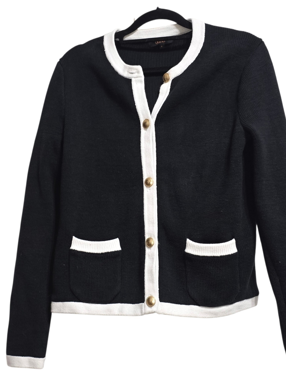 Quince Black Cardigan Jacket with White Trim and Gold Buttons